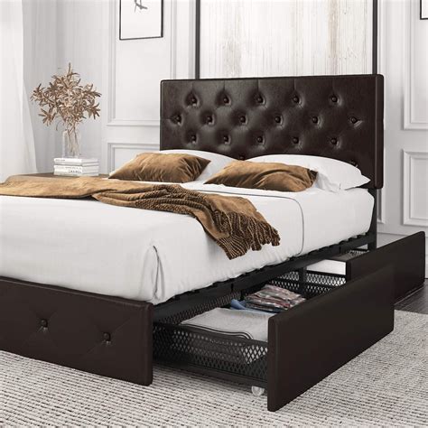 Amolife Queen Size Platform Bed Frame with 4 Storage Drawers, Faux Leather Upholstered Mattress ...