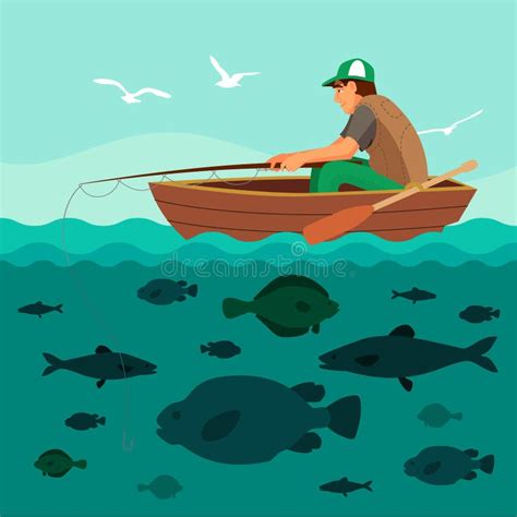 Man Fishing On The Boat. Lots Of Fish Stock Vector - Image: 62494418