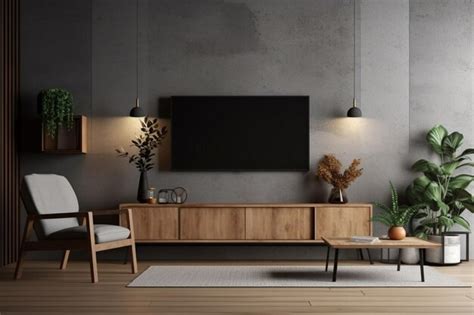 Premium AI Image | A living room with a tv on the wall and a plant on ...