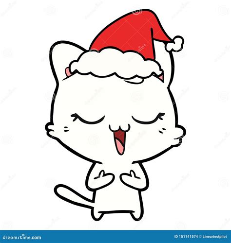 A Creative Happy Line Drawing of a Cat Wearing Santa Hat Stock Vector ...