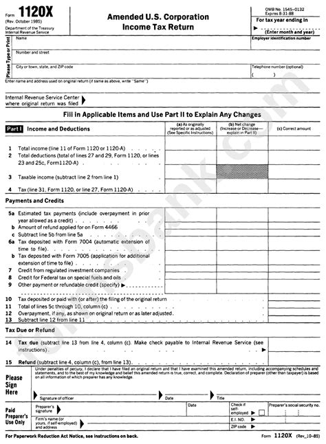 Form 1120x - Amended U.s. Corporation Income Tax Return printable pdf ...