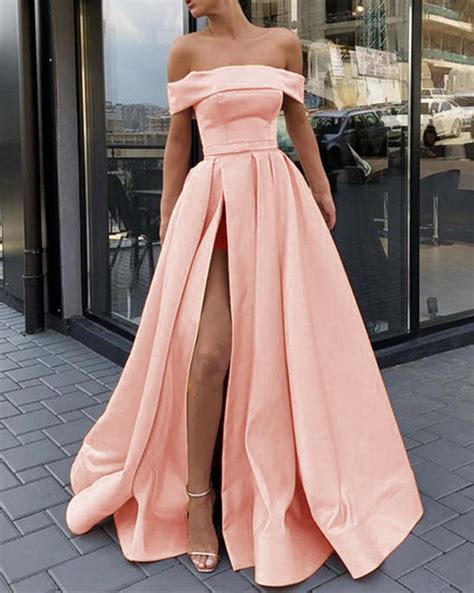 Elegant A Line Satin Peach Color Long Prom Dress Off The Shoulder Slit – Siaoryne