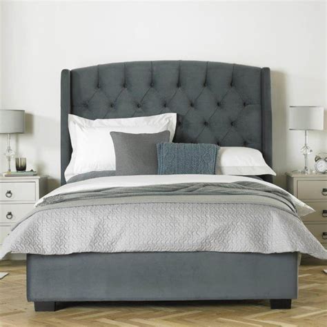 Buckingham Tall Wing Headboard Grey Velvet Bed Frame | FADS