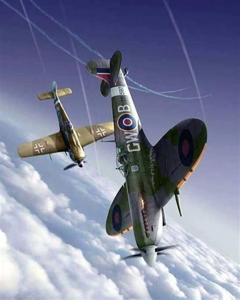 Dogfight between a Supermarine Spitfire of the British RA F and a FW190 of the German Luftwaffe ...