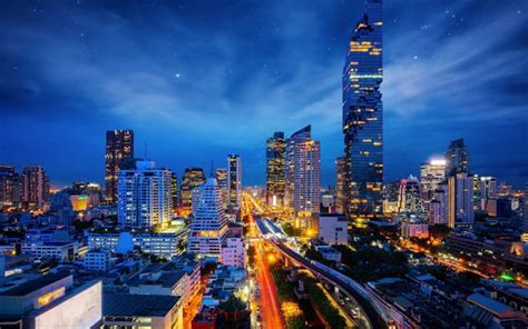 Download wallpapers Bangkok, Thailand, night, city lights, skyscrapers, modern architecture, big ...