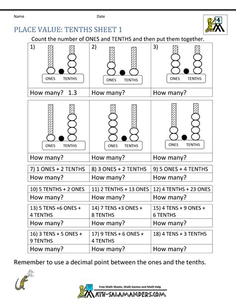 Decimal Place Value Worksheets 4th Grade