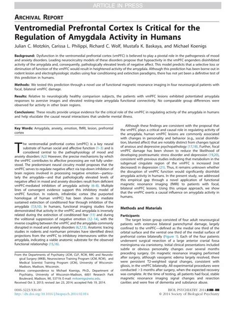 (PDF) Ventromedial Prefrontal Cortex Is Critical for the Regulation of Amygdala Activity in ...