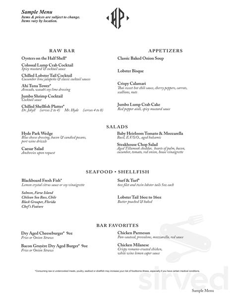 Hyde Park Prime Steakhouse menu in Beachwood, Ohio, USA
