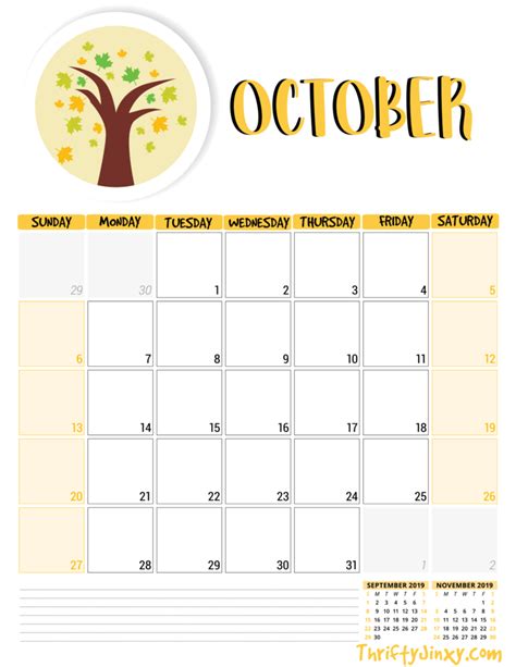 Free October Calendar Printable Page - Thrifty Jinxy