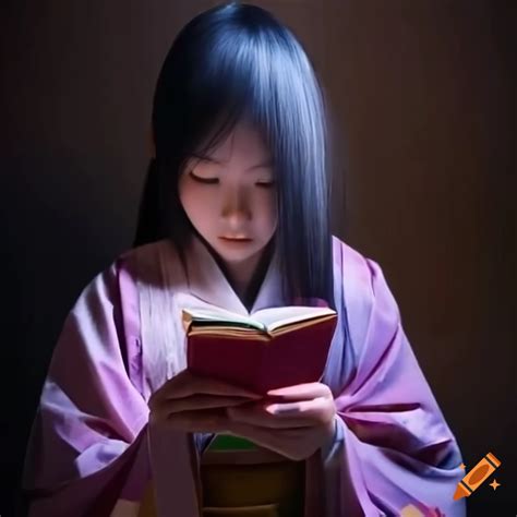 A dark-haired japanese girl in a plain old-fashioned kimono is reading a linguistics book in the ...