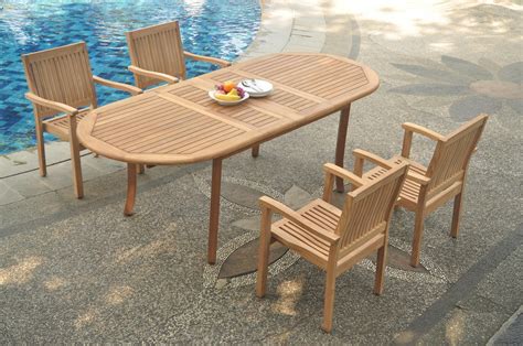 Grade-A Teak Dining Set: 4 Seater 5 Pc: 94" Double Extension Oval Table And 4 Leveb Stacking Arm ...