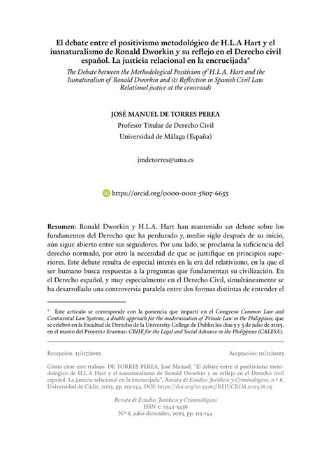 (PDF) El debate entre el positivismo metodológico de H.L.A Hart y el iusnaturalismo de Ronald ...