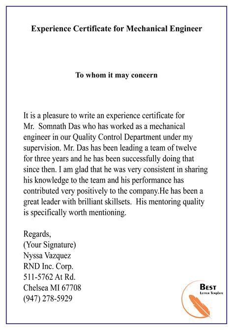 Experience Certificate for Mechanical Engineer-01 – Best Letter Template