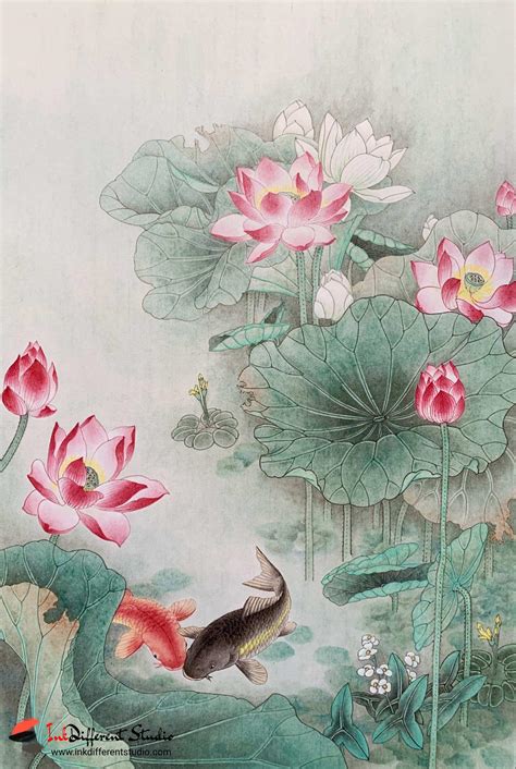 Original Painting, Chinese Painting, Brush Painting, Lotus Flower and Fish - Oriental Art ...