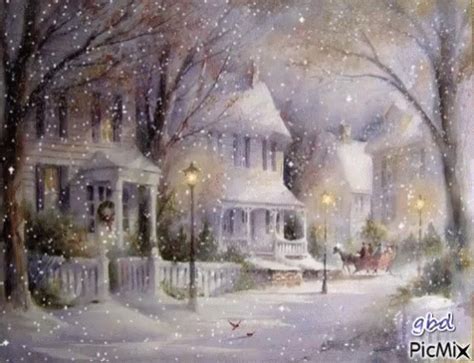 a painting of a snow scene with houses and trees