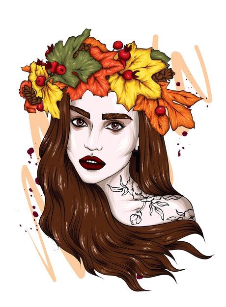 Premium Vector | Beautiful girl in a wreath of autumn leaves