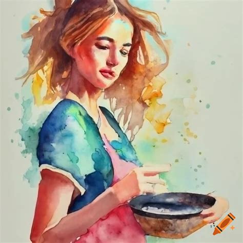 Watercolor painting of a housewife with a frying pan on Craiyon