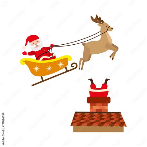 vector flat cartoon santa claus in christmas clothing riding reindeer flying sleigh smiling ...