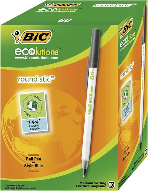 BIC Round Stic ECOlutions Ballpoint Pens - Box of 60 - Black - Medium Writing Point (1.0 mm ...