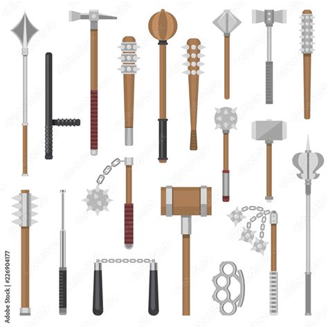 Medieval weapons vector ancient protection warrior and antique metal hammer illustration ...