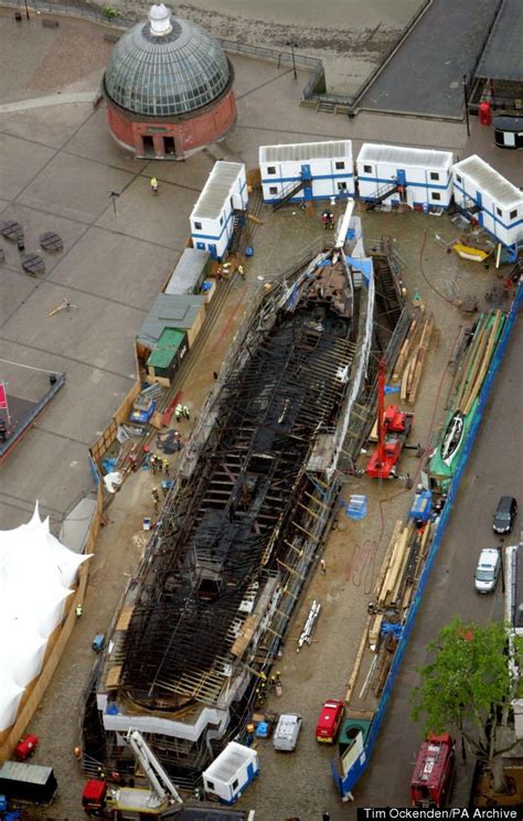 Cutty Sark fire Aerial photograph of the remains of the Cutty Sark in ...