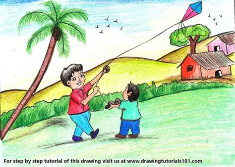 How to Draw a Boy Flying Kite Scene (Scenes) Step by Step | DrawingTutorials101.com