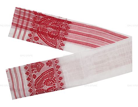 Cotton Assamese Cultural Pure Handloom Gamosa White, 50" X 25"