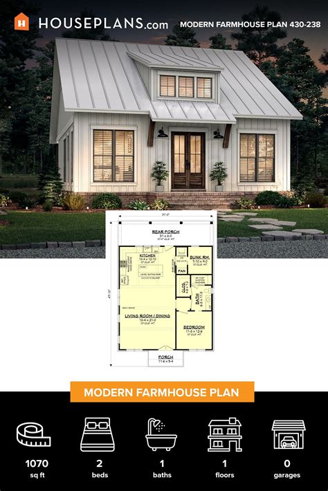 Farmhouse Style House Plan - 2 Beds 1 Baths 1070 Sq/Ft Plan #430-238 ...