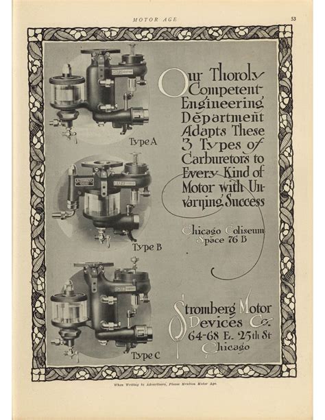 1912 1 18 STROMBERG carburetor Types A B C ad MOTOR AGE 9×12 page 53