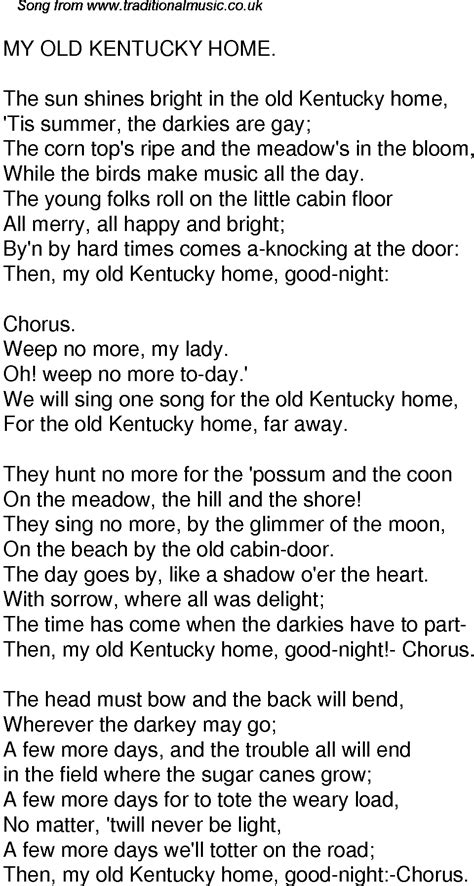 Old Time Song Lyrics for 59 My Old Kentucky Home