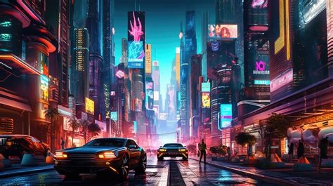 A bustling cyberpunk cityscape with towering neon-lit skyscrapers and flying vehicles, where a ...