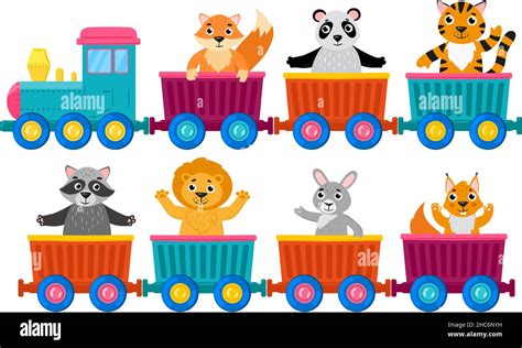 Cartoon cute animals on toy steam locomotive wagons. Toy train with ...