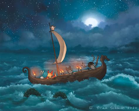 Viking Ship Art Print Wolf Dragon and Friends on a Boat - Etsy