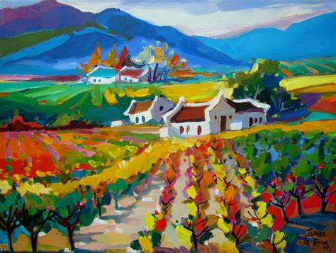 an oil painting of a vineyard with mountains in the background and ...