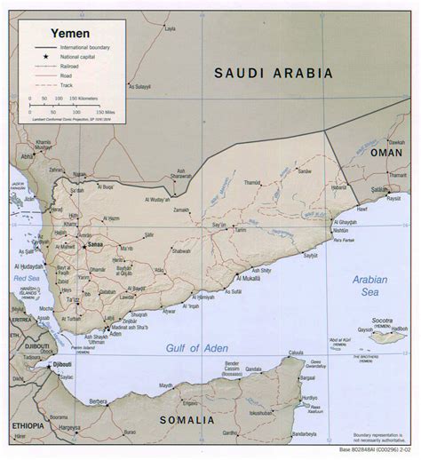 Detailed political map of Yemen with relief, roads and cities – 2002 ...