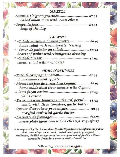 Menu at Le Refuge Restaurant, Alexandria