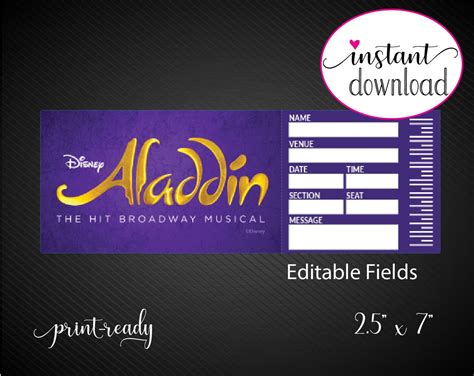 Printable ALADDIN Broadway Surprise Ticket. Editable Musical - Etsy Ireland