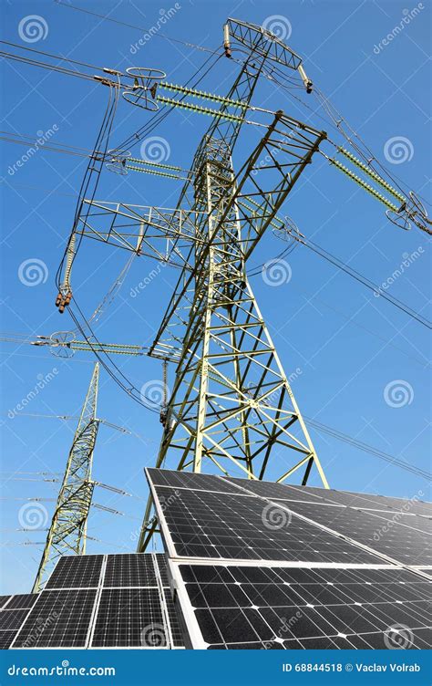 Solar Panels with Electricity Pylon Stock Photo - Image of alternative ...