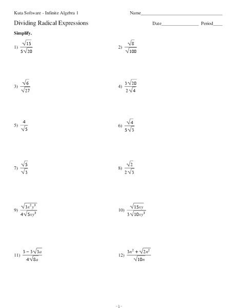 Dividing Radical Expressions Worksheet for 9th - 11th Grade | Lesson Planet