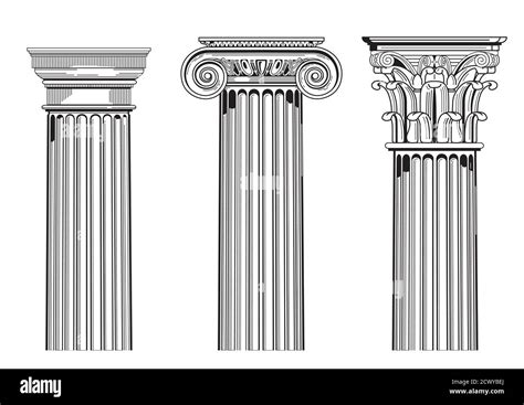 Set of three vector illustrations of columns in Greek and Roman styles, Doric, Ionic and ...