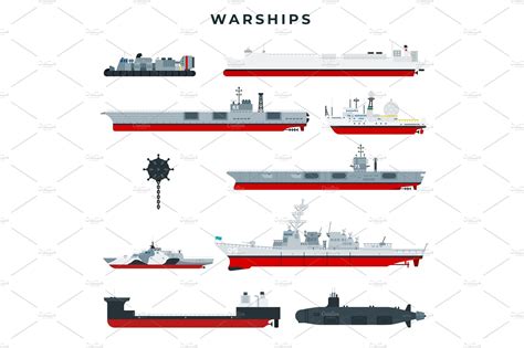 Warships of different types, set | Transportation Illustrations ~ Creative Market