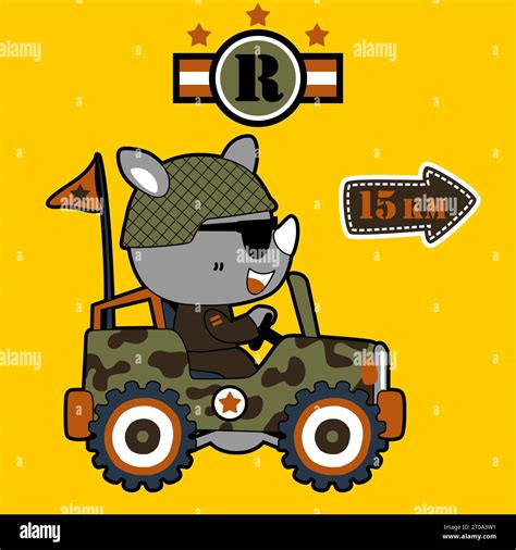 Funny rhinoceros in army uniform driving military car, vector cartoon illustration Stock Vector ...