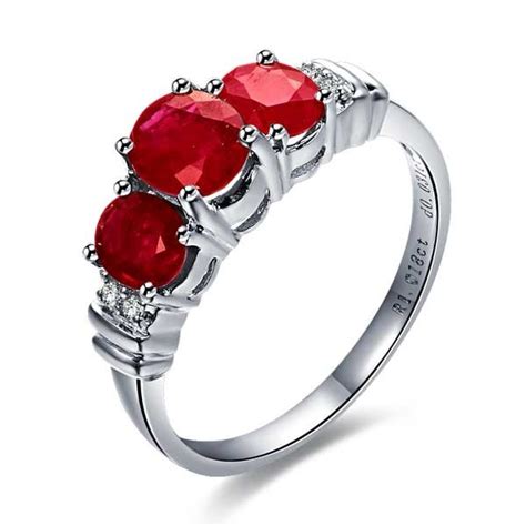 Three Stone Ruby and Diamond Engagement Ring on 10k White Gold - JeenJewels