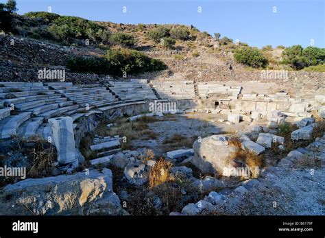 Antique stone amphitheatre of Melos on the Island of Milos, Cyclades Island Group, Greece ...