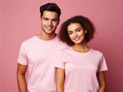 Premium AI Image | Portrait of smiling young couple in pink tshirt on ...