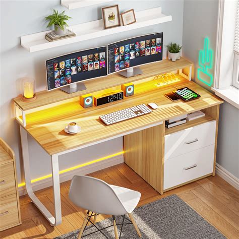 YITAHOME Computer Desk with Drawers, 55" Office Desk with Power Outlets & LED Light, Home Office ...