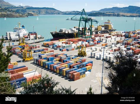 Container Port, Lyttelton Harbour, Lyttelton, Banks Peninsula, Canterbury, New Zealand Stock ...