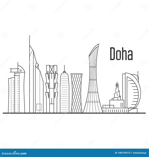 Doha City Skyline - Downtown Cityscape, Qatar Landmarks in Liner Stock ...