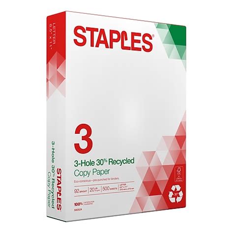 Staples 30% Recycled 8.5" x 11" 3-Hole Punched Copy Paper, 20 lbs., 92 Brightness, 500/Ream ...