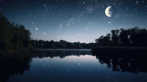 Premium AI Image | photo of stary night sky with moon over a reflective shiny lake at nighttime ...